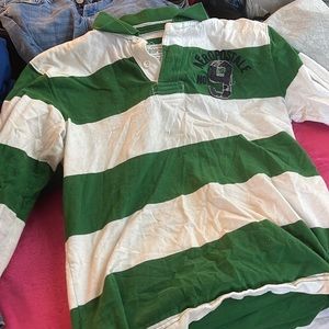 long sleeved green and white striped shirt